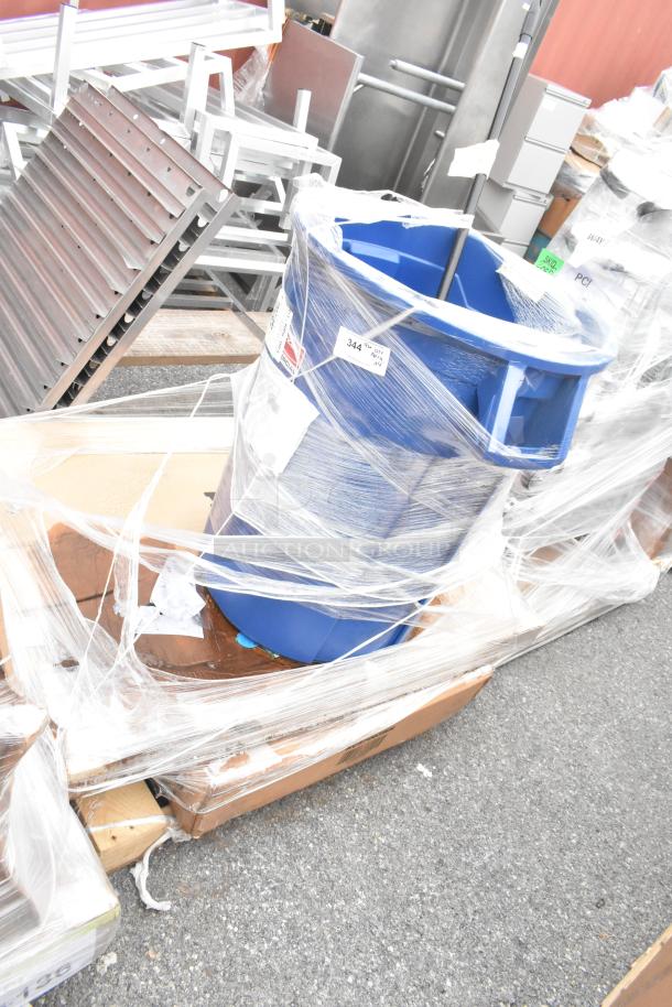 4 new items wrapped in plastic, including Aarco ADC3648L message center and dining table, labeled "344." Scratch and dent condition.