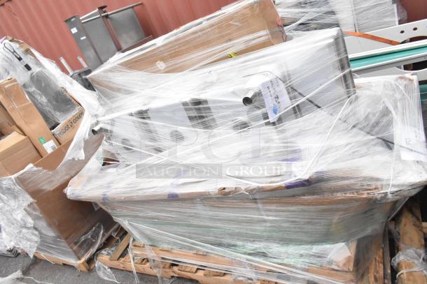 3 brand new scratch and dent items on a pallet, including Regency drain, legs, and sink. Plastic-wrapped for protection.