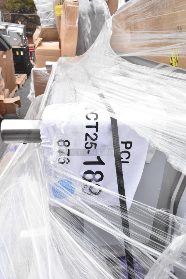 Plastic-wrapped pallet with Regency drain, legs, and sink showing a label marked "PCL CT25-189 876." Items are scratch and dent.