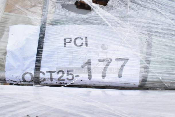 Pallet wrapped item labeled "PCI OCT25-177," contains new Regency drain, legs, sink, with scratches and dents.