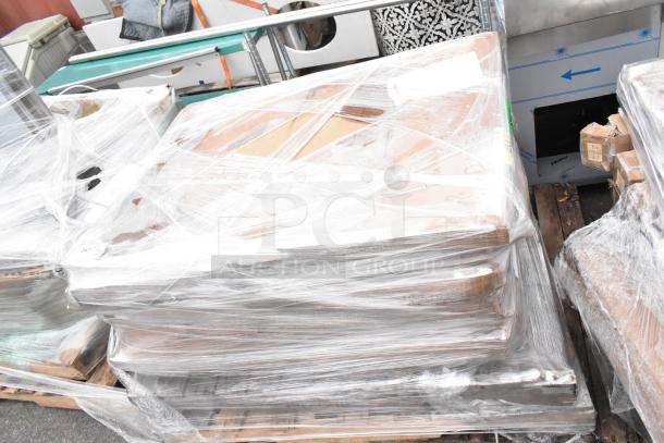 8 brand new Lancaster Table & Seating 30" x 42" laminated rectangular tabletops, reversible cherry/black, wrapped in plastic.