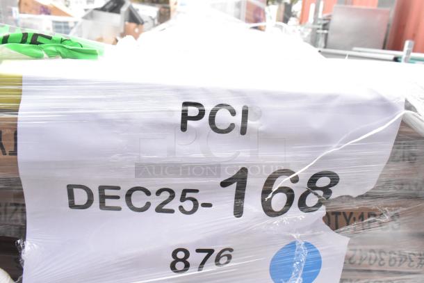 Packaged Lancaster Table & Seating 30" x 42" laminated rectangular table top, reversible cherry/black. Shows PCI label, DEC25-168.