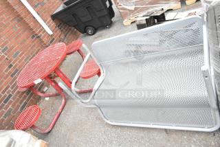 Red mesh table with two integrated seats and two gray mesh benches. Outdoor set, used condition.
