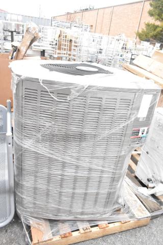 Lennox SS5006H4S44Y metal commercial condenser, wrapped on pallet. 208/230V, 1/3 phase, visible labels indicating model.