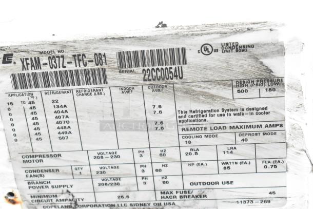 Emerson XFAM-037X-TFC-081 split type AC label, 208-230V, 3-phase, UL listed, compressor and refrigerant details.