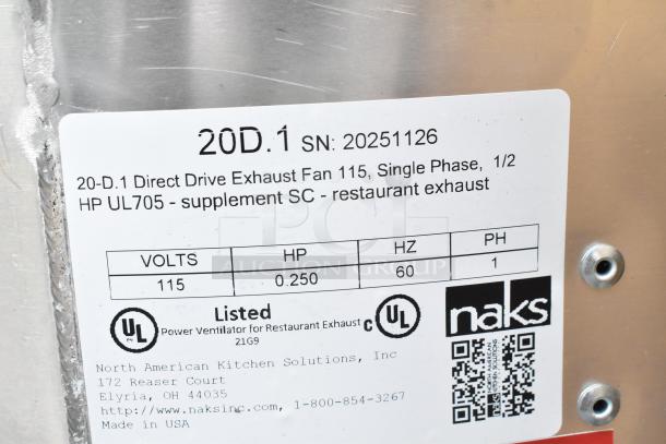 North American Kitchen 20-D.1 Commercial Rooftop Fan. 115V, 1 Phase. UL Listed label visible, detailing specs and model.
