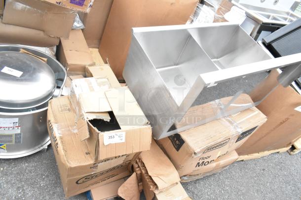 Brand new scratch and dent items including stainless steel sink, salad bowls, boxed concrete level, and mop sink.