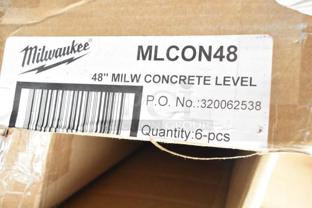 Milwaukee MLCON48 48" concrete level label on box, P.O. No. 320062538, Quantity: 6 pcs. New, scratch and dent condition.