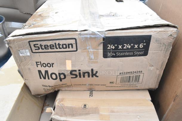 Steelton 24"x24"x6" stainless steel floor mop sink box. New with imperfections. Model #522MS24246, NSF certified.