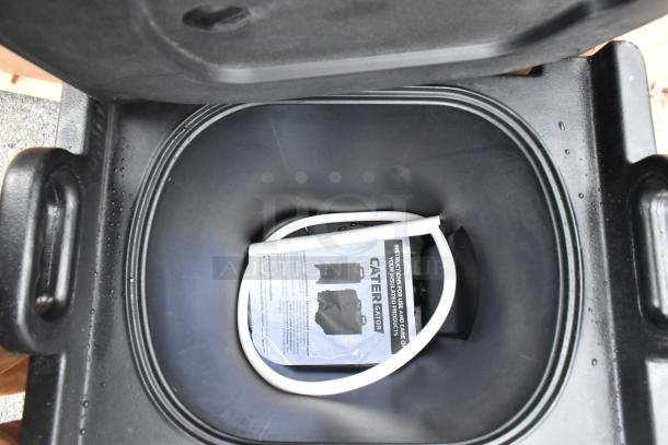Black ingredient bin with CaterGator instruction manual inside. New condition, includes white hose. Scratch and dent item.