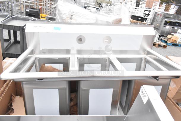 Stainless steel Regency NSF-certified three-compartment sink, brand new with minor cosmetic flaws, ideal for commercial use.