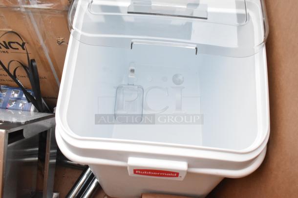 Rubbermaid ingredient bin, brand new, white with clear lid, slight dents visible, logo on front.