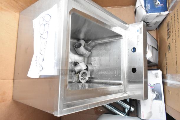 Stainless steel dump sink, brand new with minor scratches. Includes accessories. Unboxed with visible NSF label.
