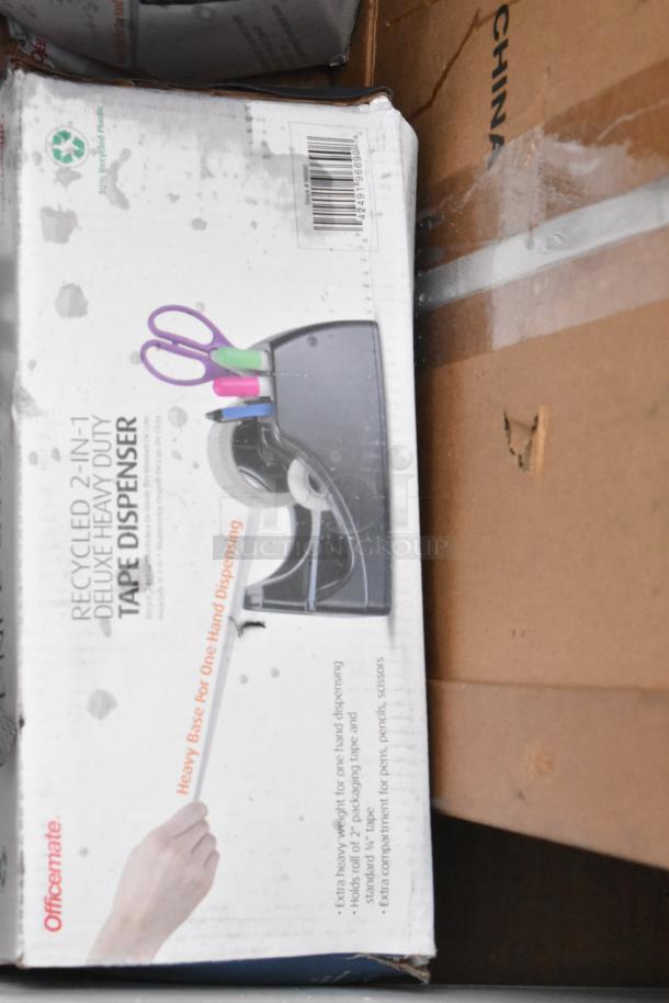 Boxed Officemate Recycled 2-in-1 Deluxe Heavy Duty Tape Dispenser. Visible scratches on package.
