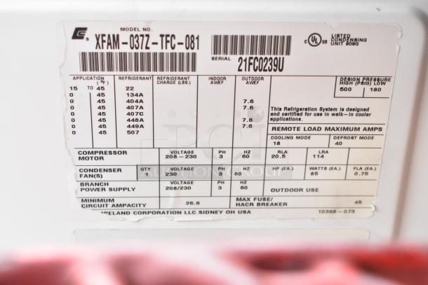 Emerson XFAM-037Z-TFC-081 metal split type air conditioner tag with specifications; 208-230V, 3 phase.