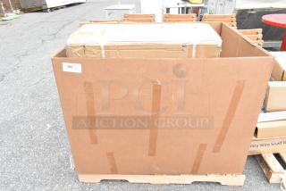 Large cardboard box containing 2 new items: Regency 3' clean dish table with left drainboard and Steelton 30"x36" work table.