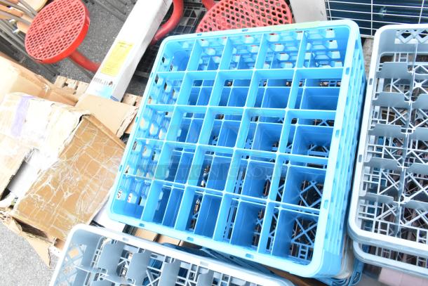 Lot of various items including blue dish caddies, red stools, and cardboard boxes, mixed condition.