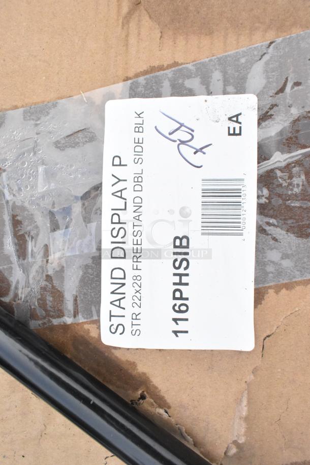 Label on packaging for Aarco PHSIB 22 1/4" x 59 1/2" black double-sided freestanding sign holder, showing item code 116PHSIB.