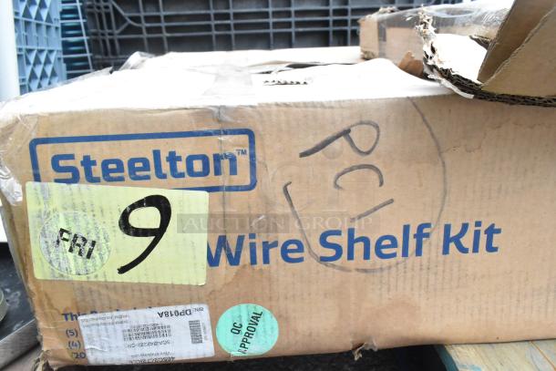 Steelton wire shelf kit box, 24" x 72" NSF Chrome with 72" posts, new condition, QC approval sticker, labeled "9".