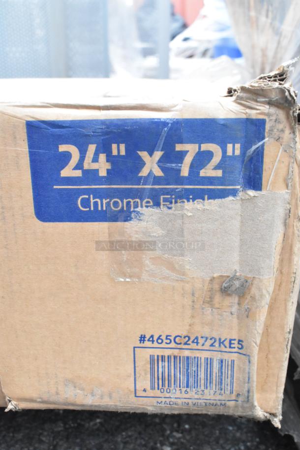 Damaged box labeled "24 x 72 Chrome Finish" with barcode and model #465C2472KE5, Made in Vietnam, partially torn.