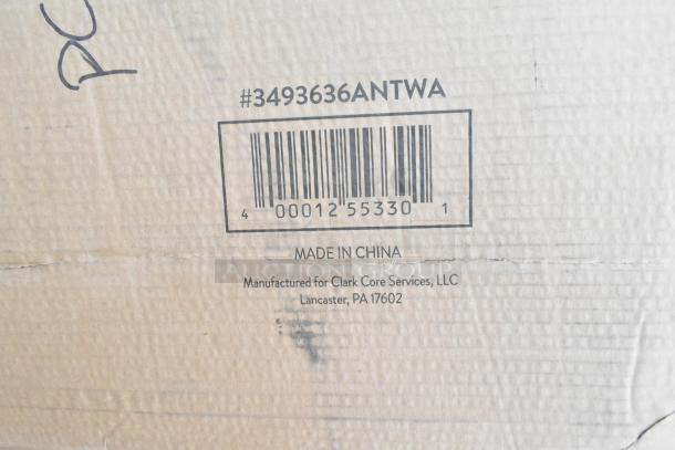 Barcode on a cardboard box marked #3493636ANTWA, made in China for Clark Core Services, Lancaster, PA 17602.
