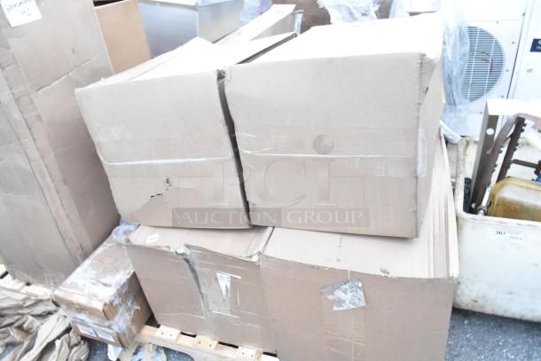 Cardboard boxes containing 8 brand new "scratch and dent" items including boiler grate, door gasket, and pin legs. Boxes show signs of damage.
