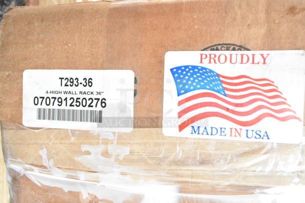 Cardboard box with a label "T293-36, 4-High Wall Rack 36" and barcode 070791250276. "Proudly Made in USA" sticker.