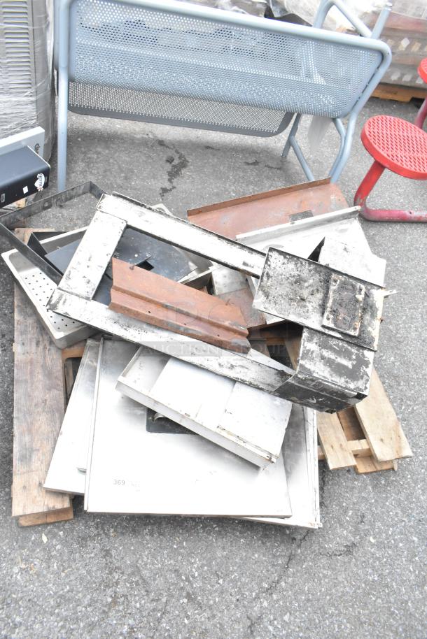 Pallet of mixed metal items, including stainless steel and rusted pieces, assorted sizes, used condition.