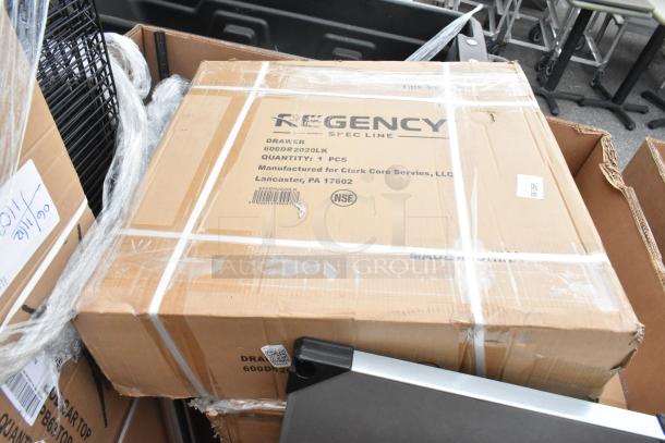 Box of Regency items including a drawer (600DR2020LK) with NSF label, new with possible scratches and dents.