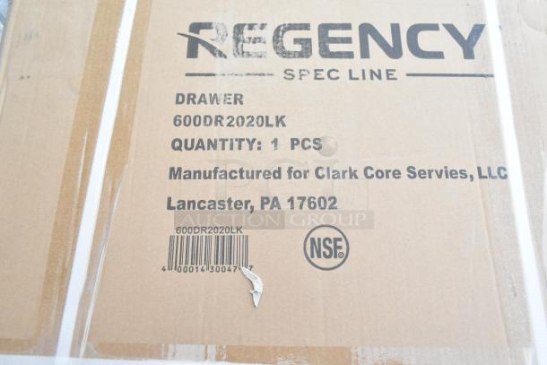 Box with Regency Spec Line branding, model 600DR2020LK drawer. Marked for Clark Core Services, Lancaster, PA. NSF label visible.