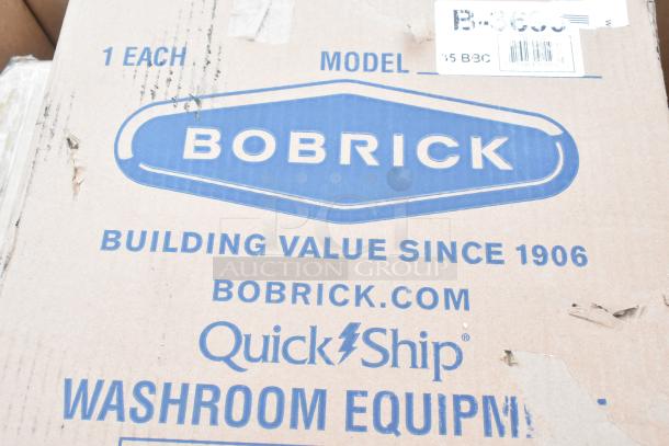 Cardboard box marked "Bobrick Washroom Equipment," including model details. Item part of a 6-piece scratch and dent set.