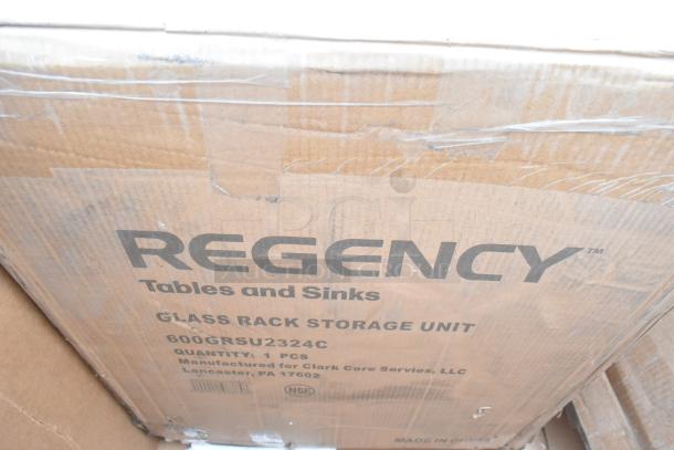 Regency Glass Rack Storage Unit box labeled 600GRSU2324C, showing brand and model details. Box appears intact.