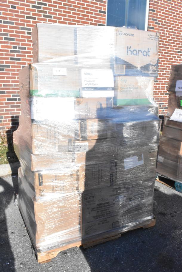 Pallet with 49 boxes of new scratch and dent items, including take-out containers, paper towels, and gloves, shrink-wrapped.