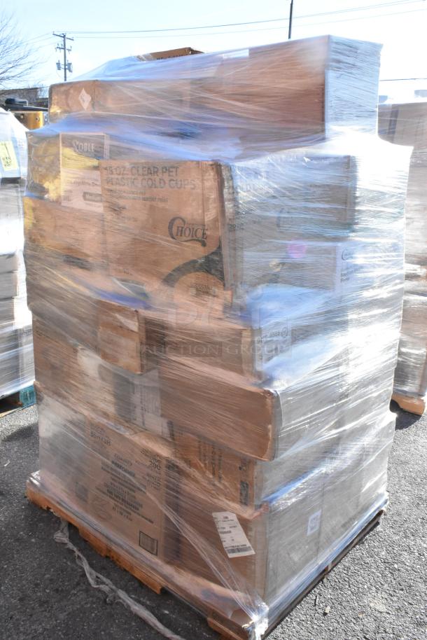 Pallet with 49 new scratch and dent items including boxes of take-out containers, paper towels, and gloves, wrapped in plastic.