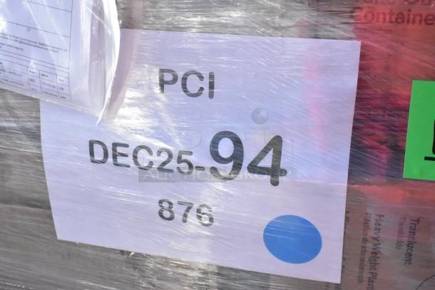 Plastic-wrapped pallet labeled "PCI DEC25-94 876," containing scratch-and-dent items like containers and disposables.