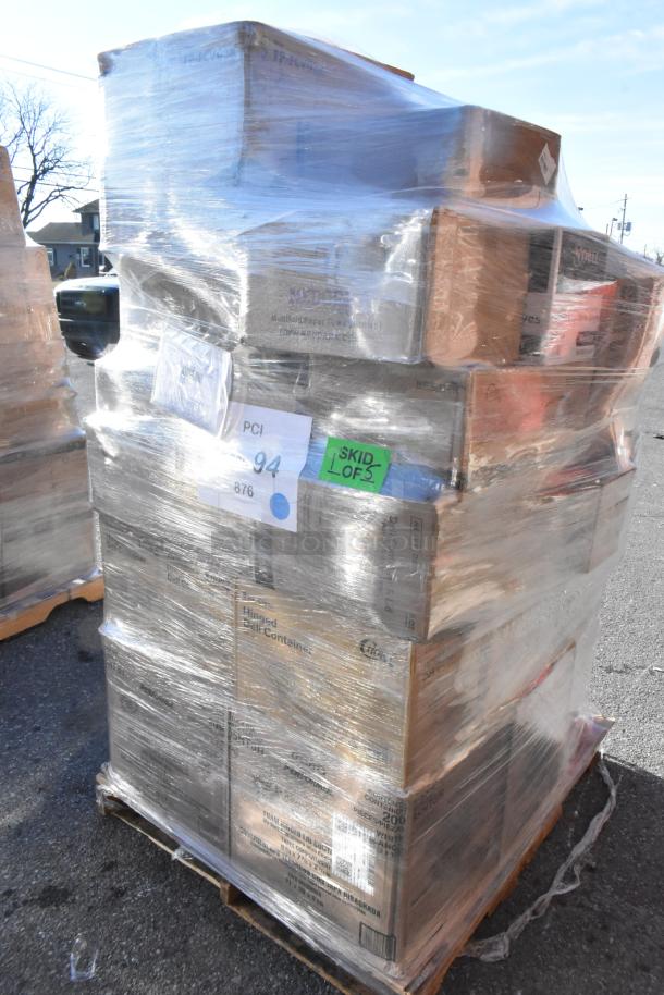 Plastic-wrapped pallet of new scratch and dent items, including take-out containers, paper towels, and gloves.