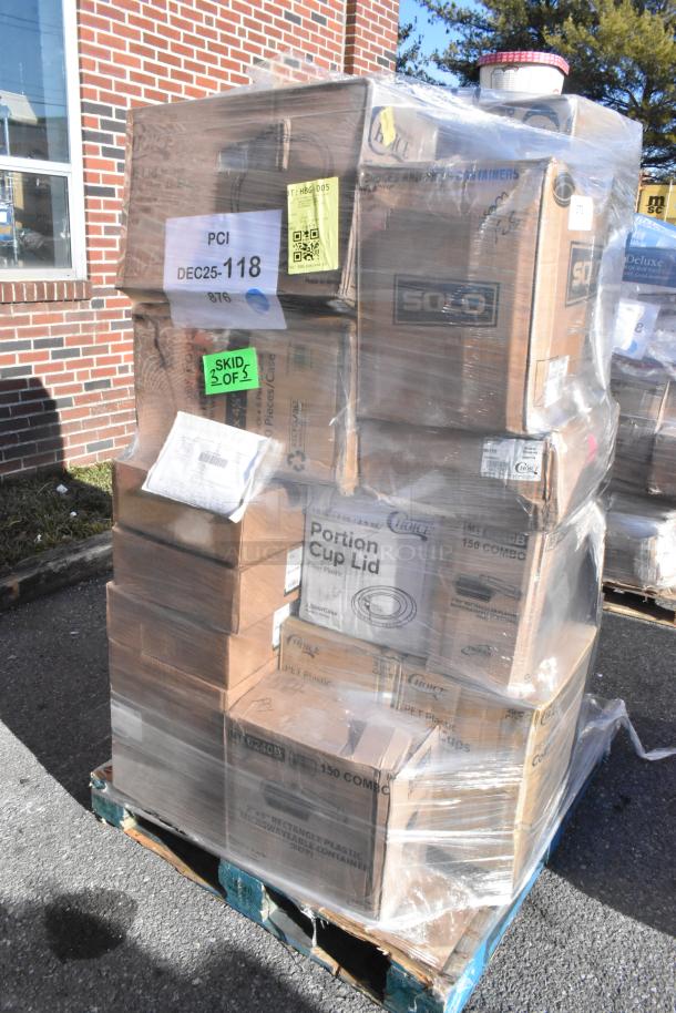 Pallet of 31 brand new scratch and dent items, including take-out containers, plates, and souffle cups, wrapped and labeled.