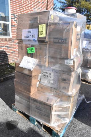 Pallet of 31 brand new scratch and dent items, including take-out containers, plates, and souffle cups, wrapped and labeled.