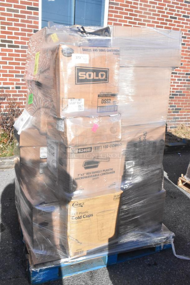 Pallet of 31 new, scratch and dent items including SOLO containers, Choice cups, plates, and can liners. Multiply bid by 31.