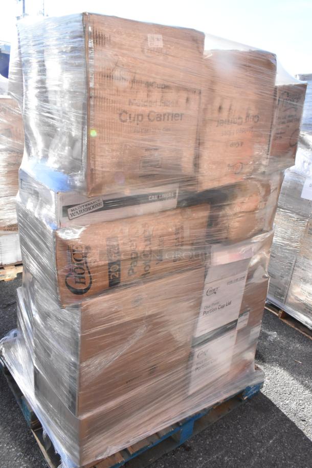 Pallet of 31 brand new scratch and dent items, including labeled boxes of takeout containers, plates, can liners, and souffle cups.