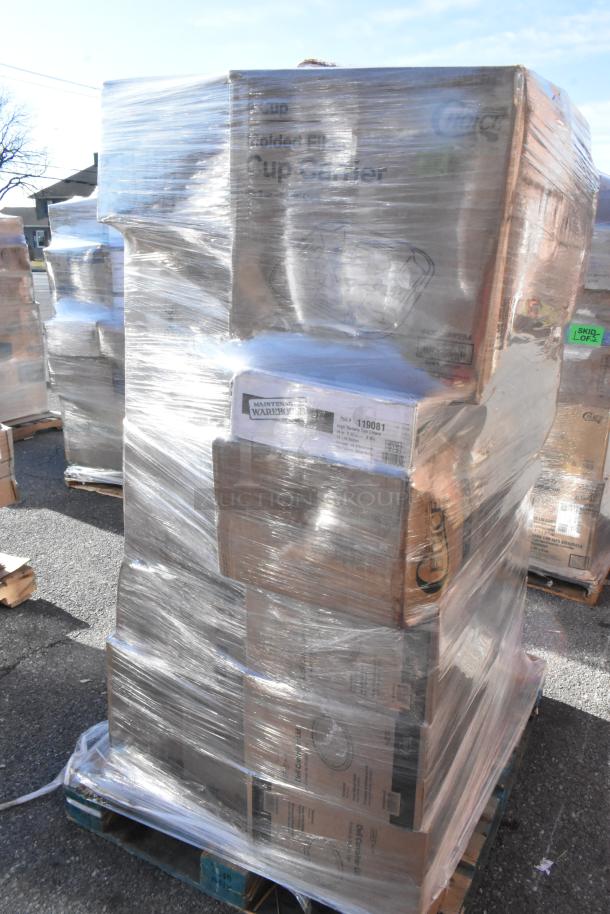 31 boxes of new scratch and dent items, wrapped on a pallet, include takeout containers, plates, can liners, and soufflé cups.