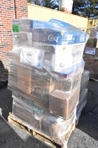 Pallet of assorted new scratch and dent items, including boxed wine glasses, trays, cutting boards, and chafers with visible packaging.
