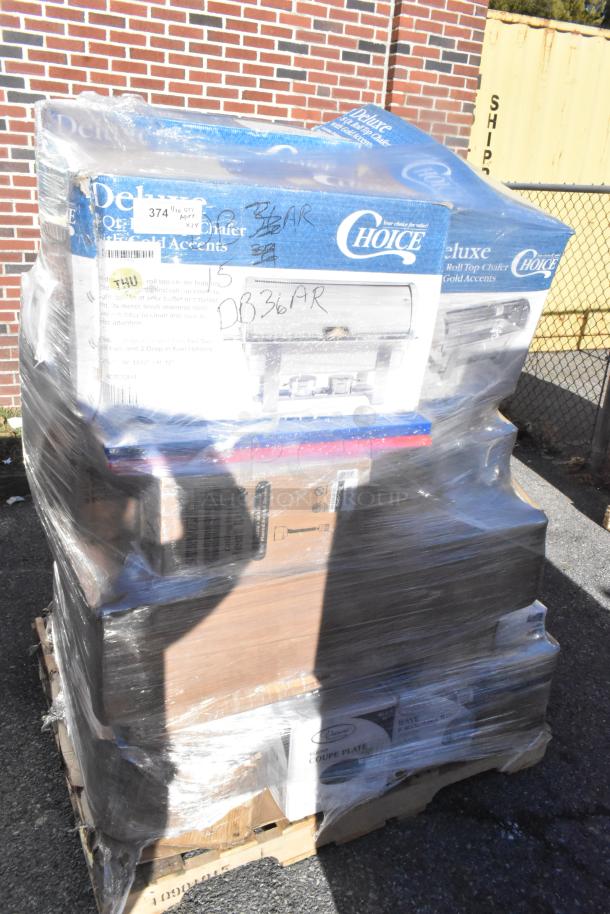 Plastic-wrapped pallet with boxed items including wine glasses, serving trays, and cutting boards. Boxes marked "Choice Deluxe Chafer." New condition.