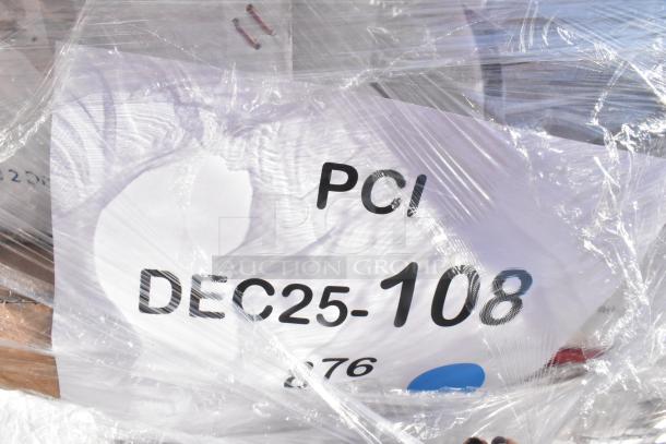 Plastic-wrapped pallet labeled "PCI DEC25-108," containing 24 new scratch and dent items including kitchenware.