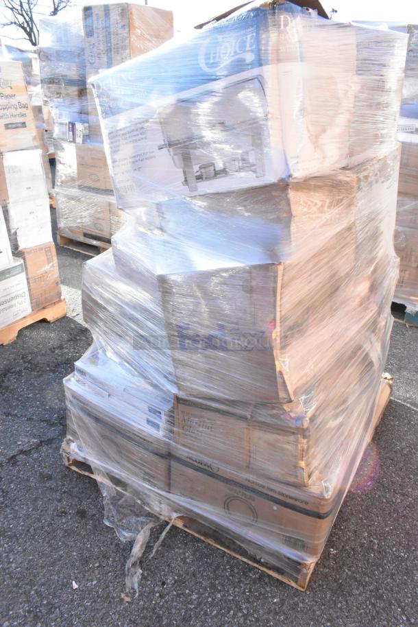 Pallet with 24 new scratch and dent items including wine glasses, serving trays, cutting boards, and a chafer in packaging.