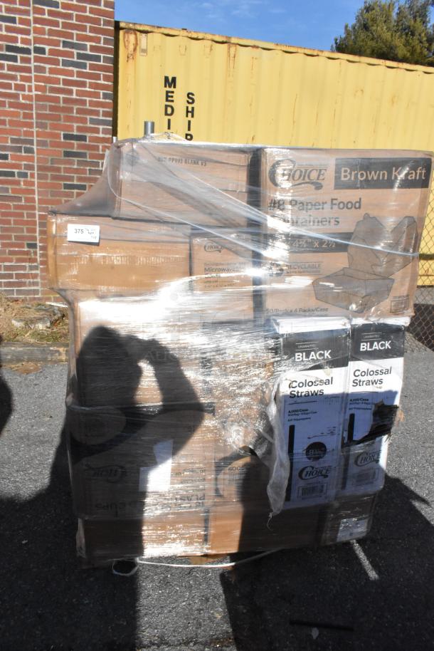 Pallet of assorted Choice brand items including cold cups, plates, straws, and pizza boxes, wrapped in plastic.