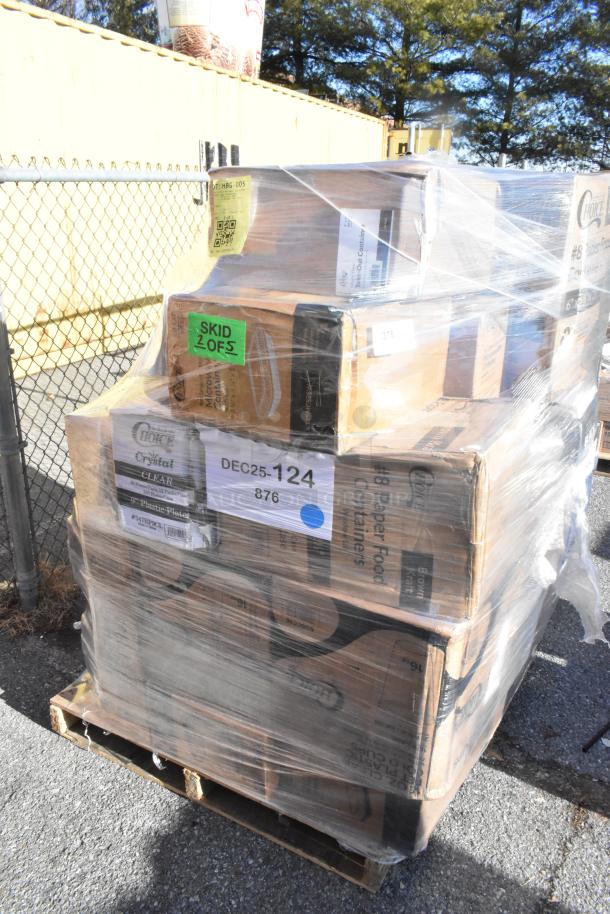 Skid with 28 new scratch and dent items including cold cups, plates, straws, and pizza boxes. Labels indicate packaging info.