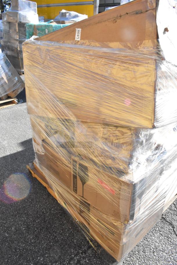 Packaged cardboard boxes on a pallet, wrapped in plastic. Contains mixed household items including glassware and kitchenware.