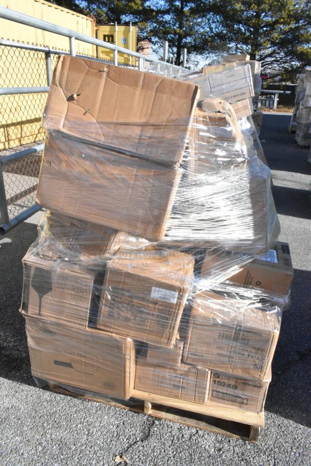 Pallet with 22 boxed items, scratch and dent condition, including charcuterie board, grater, and bouillon cups, wrapped in plastic.