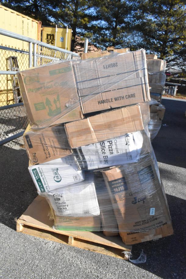 Pallet with 29 brand new, scratch and dent items including T-shirt bags, foam cups, can liners, containers. Boxes labeled Flo-Pak.